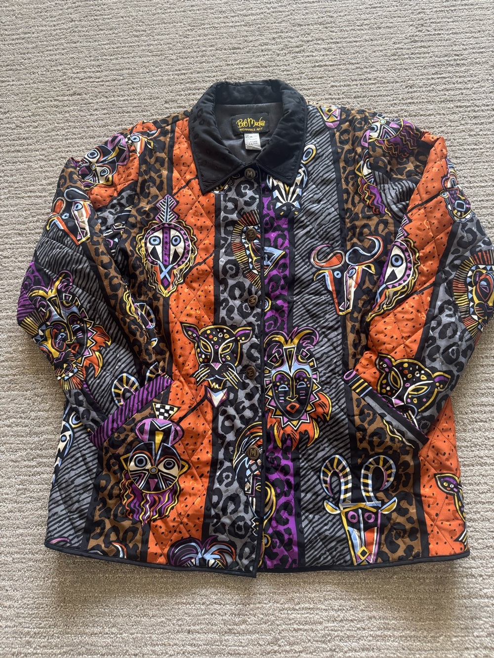 Bob Mackie Vintage Silk Quilted Jacket M Tribal Mask Animal Print Wearable Art